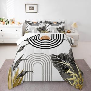 Erosebridal Комплект постельного белья Modern Boho в серо-белых тонах с абстрактным тропическим принтом из пальмовых листьев, Grey White Black