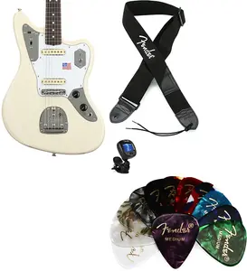 Fender Johnny Marr Jaguar - Olympic White с грифом из розового дерева. Комплект с ремнем Fender 2" из полиэстера с логотипом - черный с белым логотипом... (4 предмета)