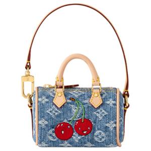 LOUIS VUITTON Шарм для сумки Takashi Murakami Cherry Micro Speedy в джинсовом стиле с цветочным принтом