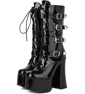 Женские ботильоны на платформе Erocalli в готическом стиле с массивным каблуком, высокой шпилькой, цепочками и крупным размером, 6-Black Patent