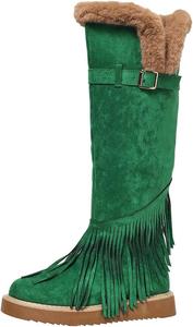 Женские зимние сапоги на плоской подошве с бахромой, с высоким голенищем, утепленные, для улицы, с круглым носком, боковой молнией, для верховой езды Generic, Green