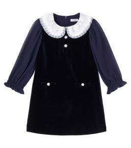 Платье из бархата с кружевной отделкой Self-Portrait Kids, Navy