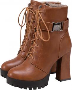 Уникальные женские ботильоны на платформе с высоким каблуком, круглым носком, боковой молнией, шнуровкой и пряжкой, модные короткие ботинки, зимняя обувь Uniquelly, Dark Brown