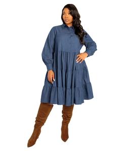 Платье-рубашка с длинными рукавами из денима больших размеров Buxom Couture, Denim blue