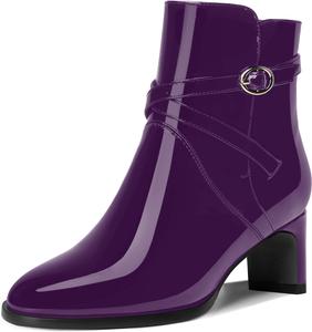 Женские лакированные уличные ботильоны с круглым носком, пряжкой, модные с массивным невысоким каблуком 2 дюйма DEMOSHINE, Purple