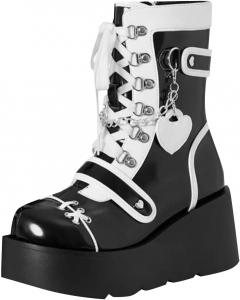 Платформенные ботинки для женщин в готическом стиле, с шнуровкой, боевые ботинки из искусственной кожи, панк с пряжками, средние по голени, для верховой езды Zzalalana, Black