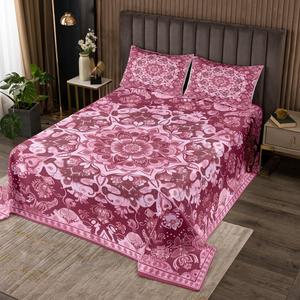 Erosebridal Комплект постельного белья Mandala с цветочным бохо узором и стеганой отделкой в розовом цвете, Feather Pink