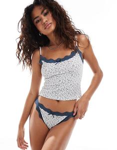 Комплект из топа и трусиков Cassie в рубчик серого и темно-синего цвета с мелким принтом ASOS DESIGN