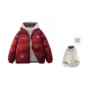 Пуховик Unisex Stand Collar Moderate Padded HUANQIU, burgundy (free plaid sweatshirt)