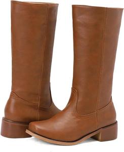 Женские высокие сапоги до колена с квадратным носком, массивным каблуком, длинные сапоги с удобным низким каблуком, с широкие голенищем, ковбойские сапоги, повседневные сапоги с узким голенищем, высокие сапоги для осени и зимы Hbeylia, Brick Red