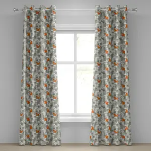 Штора на люверсах ABAKUHAUS Лиса, оранжевые силуэты в зимнем лесу, нарисованные вручную цветы и травы, декоративные двухпанельные шторы, 280 см x 175 см, бледно-серо-оранжевый цвет