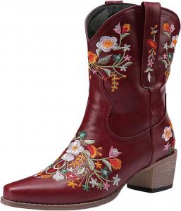 Женские ковбойские ботинки по щиколотку, западные ковбойские сапожки с цветочной вышивкой, заостренный носок, массивный каблук, винтажные короткие ботильоны, вышитые женские широкие ботинки на застежке, модные ретро-деревенские ботильоны Hbeylia, Red