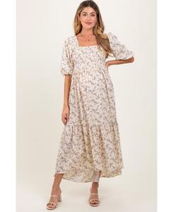 Платье-макси для беременных, цвета слоновой кости, с цветочным принтом, сборками, асимметричным подолом и пышными рукавами Pinkblush, Ivory
