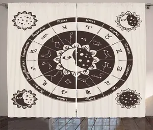 Штора в деревенском стиле ABAKUHAUS Constellation, знак зодиака Солнце-Луна, присборенная штора из тесьмы для спальни с петлями и крючками, 280 x 225 см, темно-коричневый кремовый