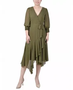 Женское платье из шифона с рукавами 3/4 и поясом, с подолом-платком NY Collection, зеленый