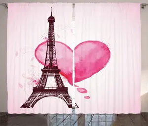 Штора ABAKUHAUS "Эйфелева башня" в деревенском стиле, Romance Love Art, присборенная тесьма для спальни с петлями и крючками, 280 x 245 см, цвет: фуксия коричневая Abakuhaus