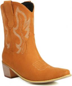 Женские ковбойские сапоги в западном стиле с вышивкой, средние по голени, замшевые, с острым носком и массивным каблуком, ботильоны Shinelly, Yellow