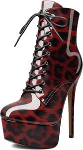 Женские ботильоны Esvowido с застежкой на шнуровке, платформой, высоким каблуком, круглым носком, шпилькой, короткие с боковой молнией, сексуальные ботильоны, Leopard Red
