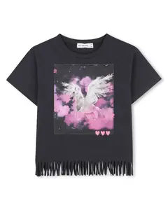 Детская хлопковая футболка с бахромой Billieblush, черный