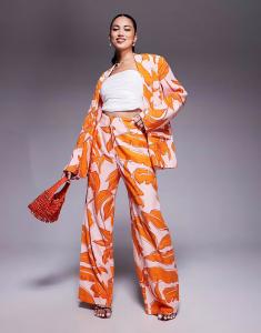 Брюки ASOS DESIGN с высокой талией и декоративными швами в сочетании с льном с принтом пальм