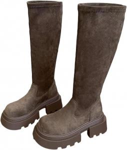 Женские высокие сапоги на толстой платформе и каблуке, выше колена, с легким процессом надевания, длинные ботильоны в стиле панк для улицы на зимний сезон Generic, Brown