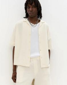 Рубашка Pull&Bear в деревенском стиле с короткими рукавами, бежевого цвета