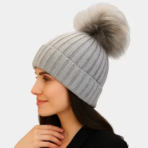 Вязаная зимняя шапка-бини с помпоном из лисьего меха Fashnzfab