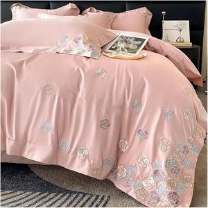 Generic Комплект постельного белья из египетского хлопка с цветочной вышивкой Pink