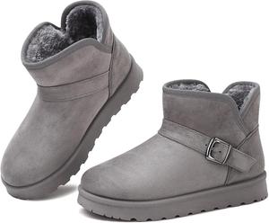 Зимние мини-сапожки для женщин: подкладка из искусственного меха, высокие до щиколотки снежные сапоги с пушистым украшением и декоративной пряжкой, теплые удобные обувь без шнуровки Goldnut, Grau