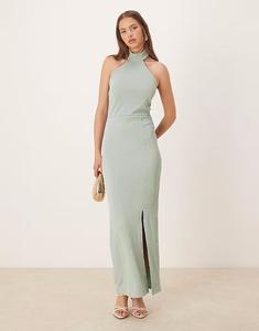 Платье-макси Vila из текстурированного трикотажного джерси с бретелью через шею в пыльно-зеленом цвете
