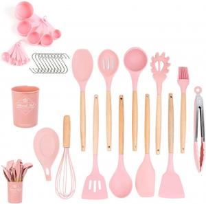 Набор кухонной утвари MYMM с деревянной ручкой, 34 предмета, розовый