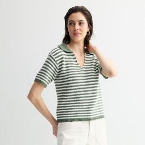 Короткий вязаный жакет с воротником и короткими рукавами Sonoma Goods For Life, цвет white olive stripe