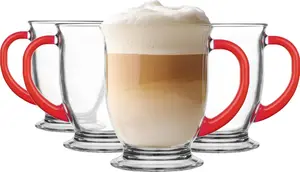 Набор из 4 стеклянных стаканов GLASMARK объемом 400 мл (макс. 440 мл) с красной ручкой. Стаканы для кофе, чая, капучино, латте, макиато, прозрачные. Glasmark KROSNO 1992