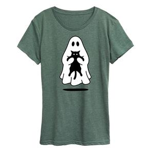 Женская футболка с рисунком Ghost Holding Black Cat, цвет Heather Green