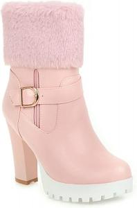 Женские весенне-осенние плюшевые короткие ботинки Yiozoi на высоком каблуке элегантной кожаной отделки, Pink