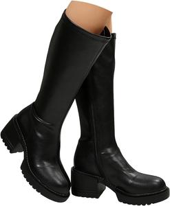 Женские высокие сапоги до колена с рифленой подошвой, кожаные мотоциклетные длинные сапоги, низкий устойчивый каблук, модная боковая молния, винтажные зимние сапожки, плоский каблук, удобные высокие сапоги, осенняя обувь JYSwoshoe, A-Black