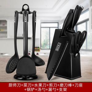 Plys Кухонный нож и разделочная доска в наборе, комплект кухонной утвари с полным набором ножей из черной стали, силиконовый шпатель и подставка