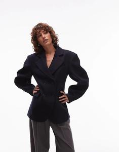 Пиджак ASOS DESIGN из шерстяной ткани с рукавами-коконами и присборенной талией, темно-синий