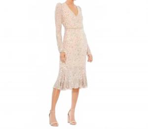 Платье с пайетками и декорированным подолом на поясе в оттенке nude silver Mac Duggal