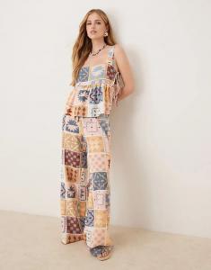 Широкие брюки из льняной смеси с завязками спереди и плиточным принтом ASOS DESIGN