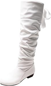 Женские ботинки на шнуровке с кружевом, с бантом, плиссированные, толстые, теплые, высокие до колена, зимние, из мягкой кожи, с низким каблуком, свободного кроя, для вечеринок Generic, белый