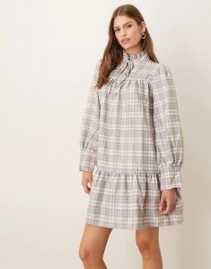 Glamorous многоярусное мини-платье с оборкой на шее в разноцветную клетку голубого цвета