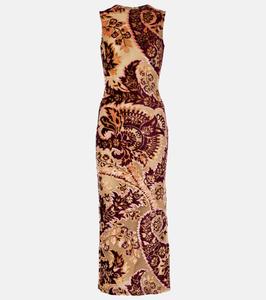 Платье миди из бархата и жаккарда с узором пейсли и тюлем Etro, цвет multicolour on beige base