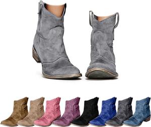 Женские ковбойские ботинки до щиколотки, свободные с круглым носом, массивным каблуком, короткие замшевые ботильоны, модные ретро ботинки с низким каблуком на молнии Generic, Grey