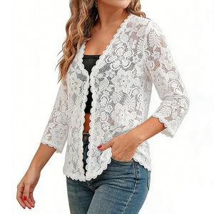 Женский кардиган с кружевом и цветочным принтом, 3/4 рукава, V-образный вырез Clearflower