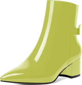 Женские ботильоны AMBELIGHT с молнией, с острым носком, повседневные, лакированные с бантом, на низком массивном каблуке, высотой до щиколотки, 5 см, Yellow Green