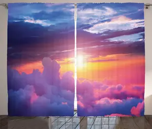 Штора ABAKUHAUS Рустикальный пейзаж, закатное небо и облака, универсальная ленточная штора для гостиной с петлями и крючками, 280 x 175 см, цвет: фиолетовый, синий, желтый Abakuhaus