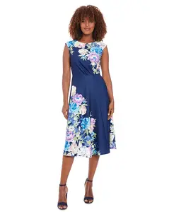 Женское цветочное миди-платье с расширенными плечами London Times, синий