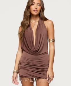 Женское мини-платье с бахромой из бусин и открытой спиной, с завязками на шее Edikted, Dark-brown
