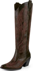 MISSMILLER женские ковбойские сапоги, высокие ковбойские сапоги с вышивкой ретро-цветов, массивный каблук, заостренный носок, ретро-стиль, классические вестерн-сапоги с боковой молнией, Vintage Brown